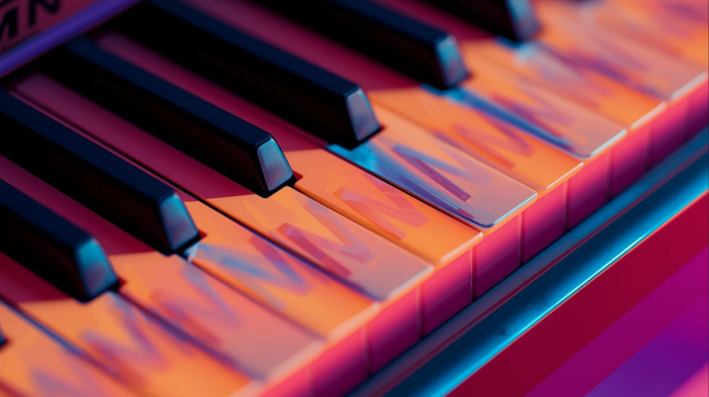 A close-up, dynamic shot of a piano keyboard rendered in vibrant brand colors, featuring stylized repeating patterns of "MWMWM" and smooth gradients of the specified brand palette. The aesthetic is modern and graphic, with a focus on sharp lines and bold color transitions.